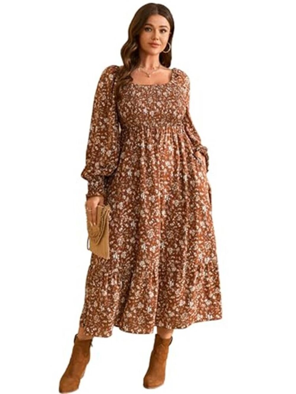 Women Plus Size Fall Dresses Long Sleeve Smocked Boho Floral Maxi Dress